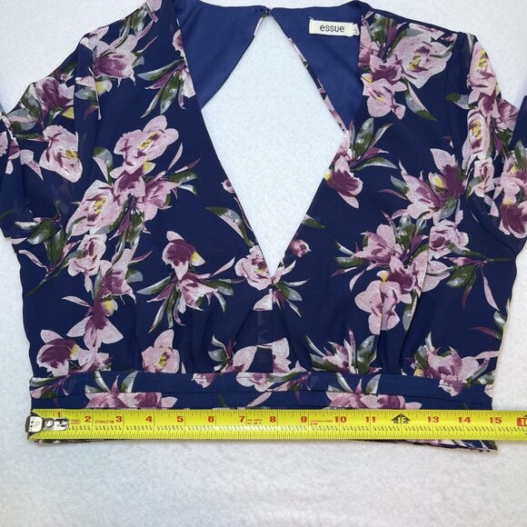 Essue crop top sheer flounce sleeve dark blue pink purple womens M - Picture 14 of 16